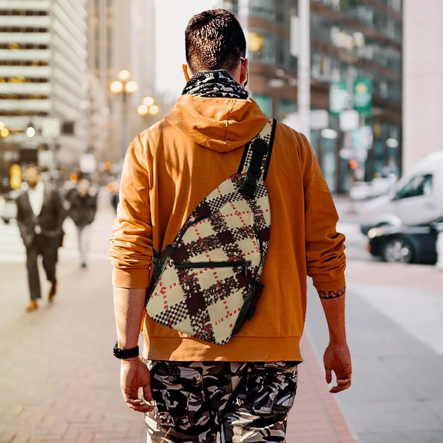 Men Sling Backpack Collapsible Durable Shoulder Crossbody Bag Chest Pack - Beige Tartan Pattern Anti-Theft Multipurpose Daypack Bag With Adjustable Shoulder Strap