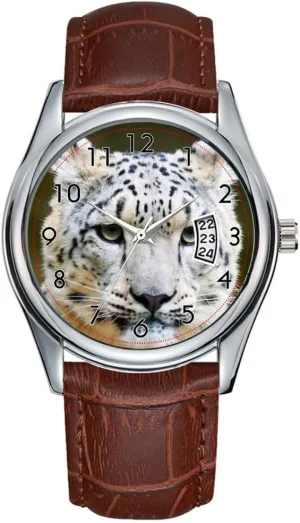 Men Watch Casual Waterproof Quartz Watches Clock Date Classic Business Brown Leather Christmas Wristwatch Snow Leopard Cat Endangered Wildlife Zoo Animal Wrist Watches