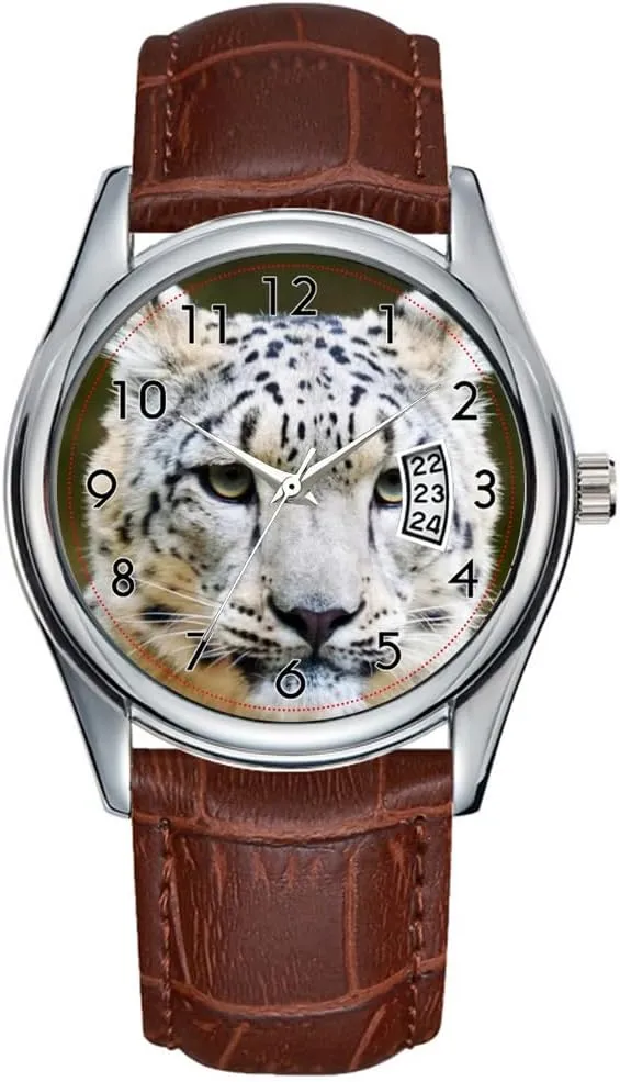 Men Watch Casual Waterproof Quartz Watches Clock Date Classic Business Brown Leather Christmas Wristwatch Snow Leopard Cat Endangered Wildlife Zoo Animal Wrist Watches