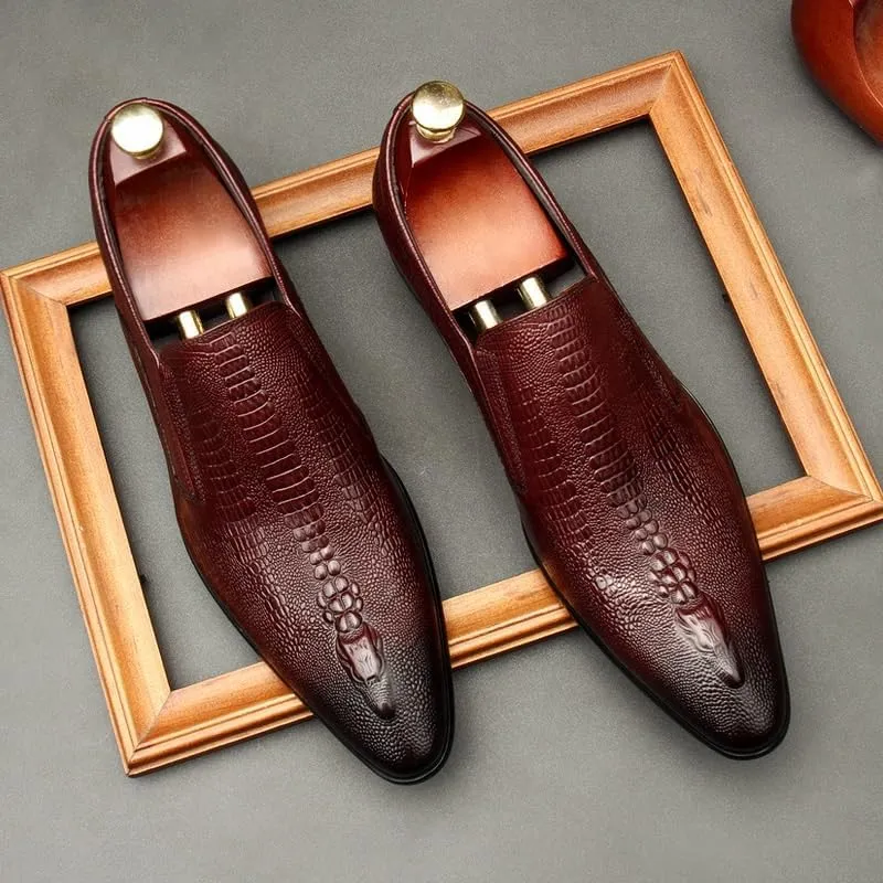 Men's Alligator Crocodile Print Oxfords Fashion Dress Shoes Breathable Lace Up Shoes for Business Office Wear Genuine Cowhide Leather