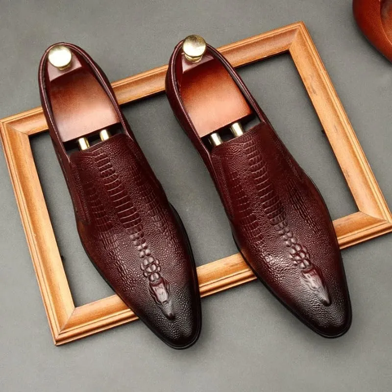 Men's Alligator Crocodile Print Oxfords Fashion Dress Shoes Breathable Lace Up Shoes for Business Office Wear Genuine Cowhide Leather