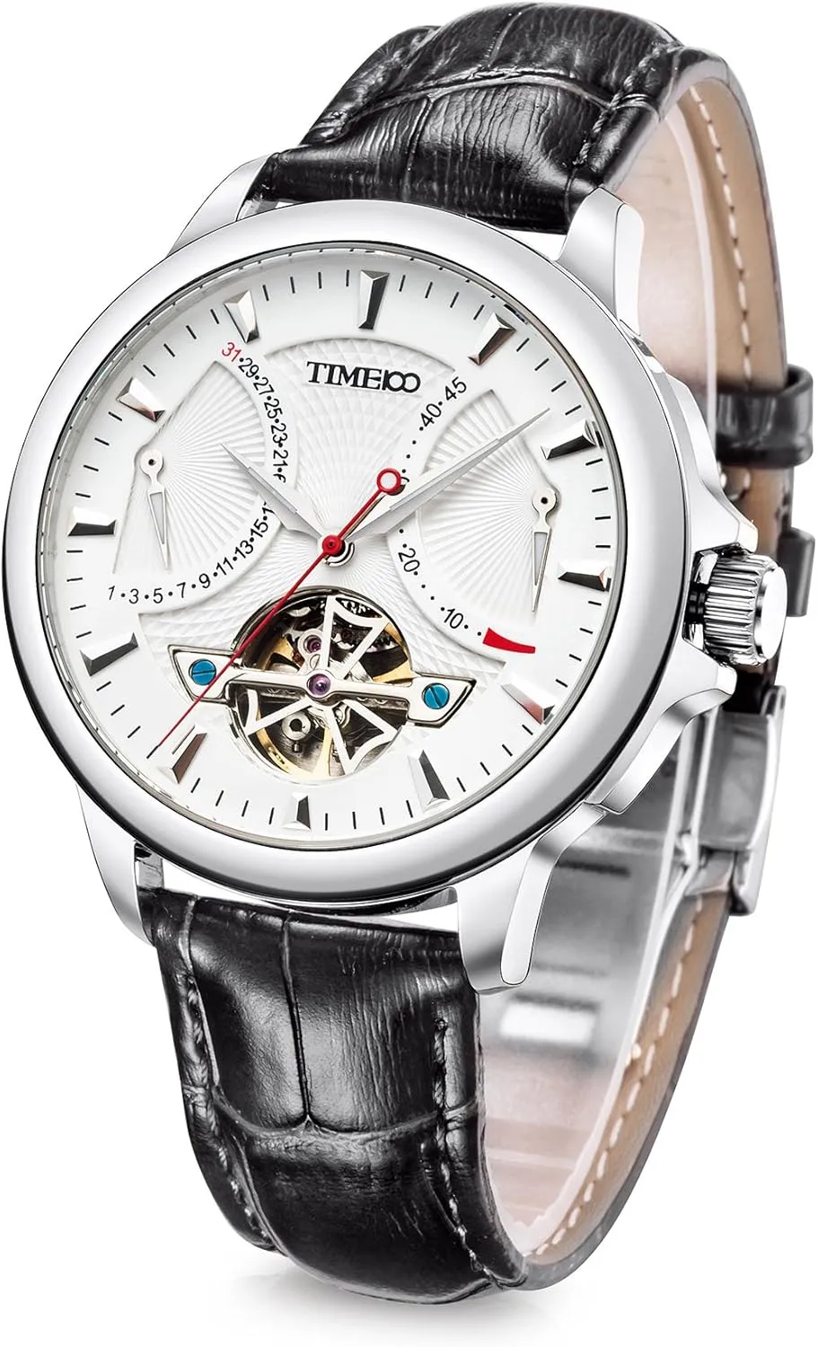 Men's Automatic Watch Navigator-Series Tourbillon-Style Dual Time Zone Business Calendar Mechanical Watch Leather Strap