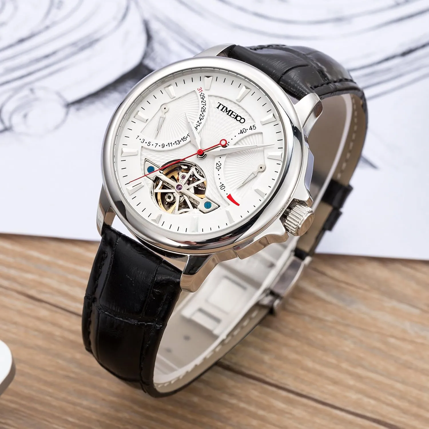 Men's Automatic Watch Navigator-Series Tourbillon-Style Dual Time Zone Business Calendar Mechanical Watch Leather Strap