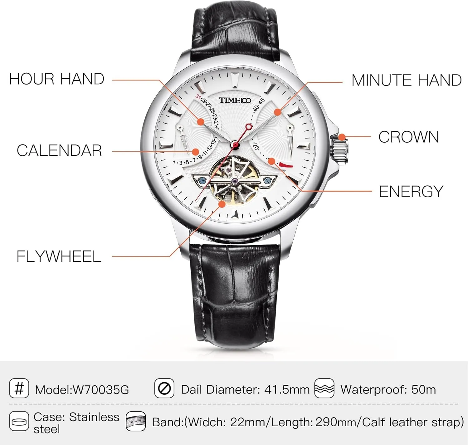 Men's Automatic Watch Navigator-Series Tourbillon-Style Dual Time Zone Business Calendar Mechanical Watch Leather Strap