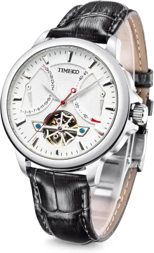 Men's Automatic Watch Navigator-Series Tourbillon-Style Dual Time Zone Business Calendar Mechanical Watch Leather Strap