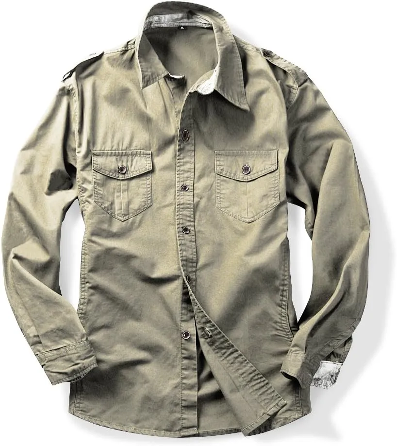 Men's Boys Button Down Shirt Long Sleeve Military Casual Style Cargo Tactical Work Shirt