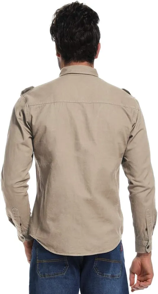 Men's Boys Button Down Shirt Long Sleeve Military Casual Style Cargo Tactical Work Shirt