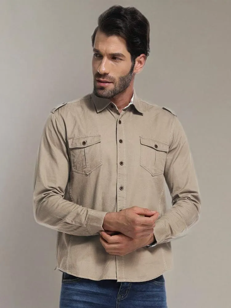 Men's Boys Button Down Shirt Long Sleeve Military Casual Style Cargo Tactical Work Shirt