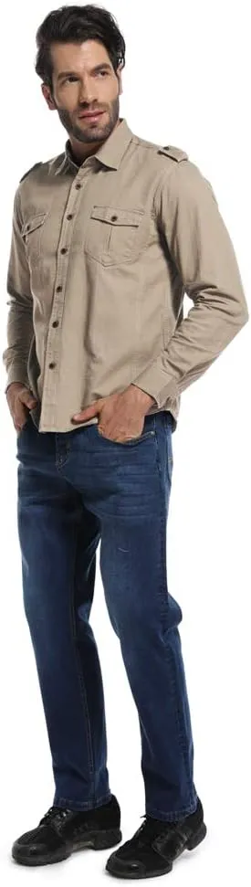Men's Boys Button Down Shirt Long Sleeve Military Casual Style Cargo Tactical Work Shirt