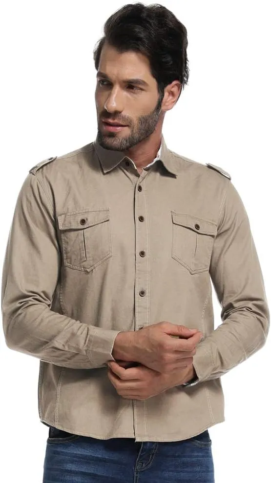 Men's Boys Button Down Shirt Long Sleeve Military Casual Style Cargo Tactical Work Shirt