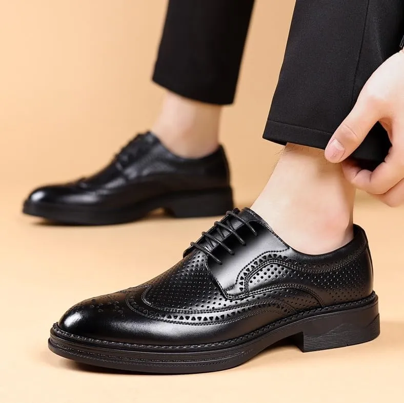 Men's Breathable Lace-up Dress Shoes Fashion Classic Leather Wingtip Brogue Oxfords Shoes Non-Slip Softsole Walking Derby Shoes(7.5)
