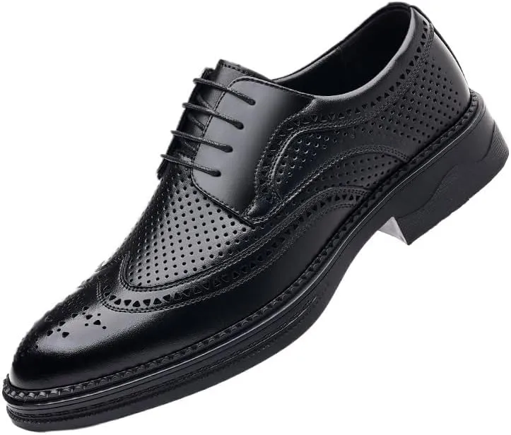 Men's Breathable Lace-up Dress Shoes Fashion Classic Leather Wingtip Brogue Oxfords Shoes Non-Slip Softsole Walking Derby Shoes(7.5)