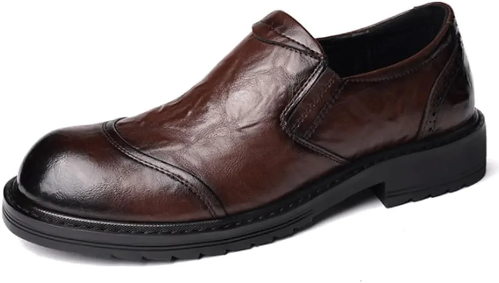 Mens British Leather Platform Shoes Round Toe Casual Fashion Work Shoes Comfortable Slip Resistant