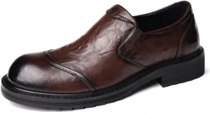 Mens British Leather Platform Shoes Round Toe Casual Fashion Work Shoes Comfortable Slip Resistant