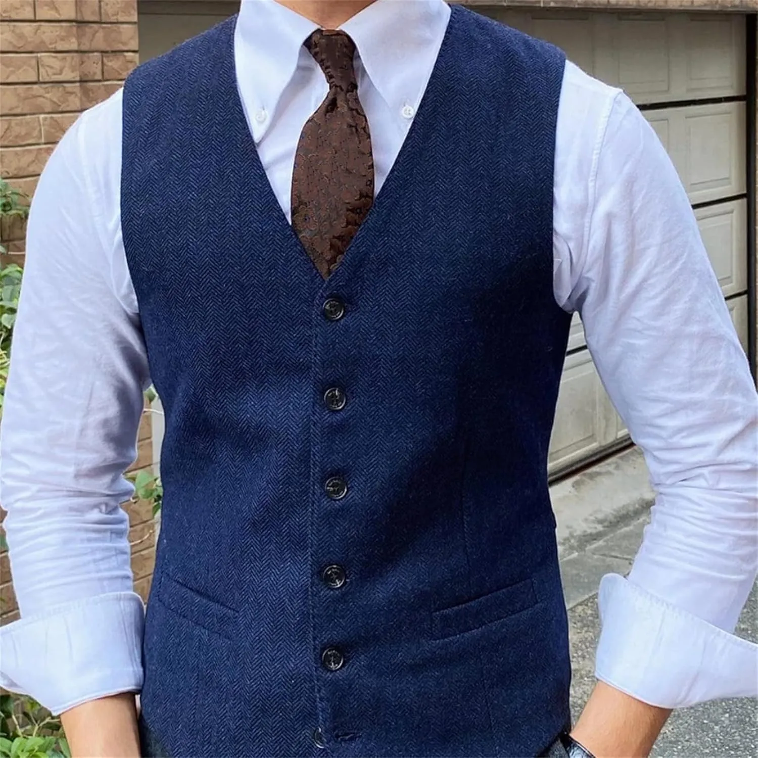 Men's Brown Herringbone Tweed Suit Vest Single Breasted Slim Fit Business Casual Wedding Waistcoat