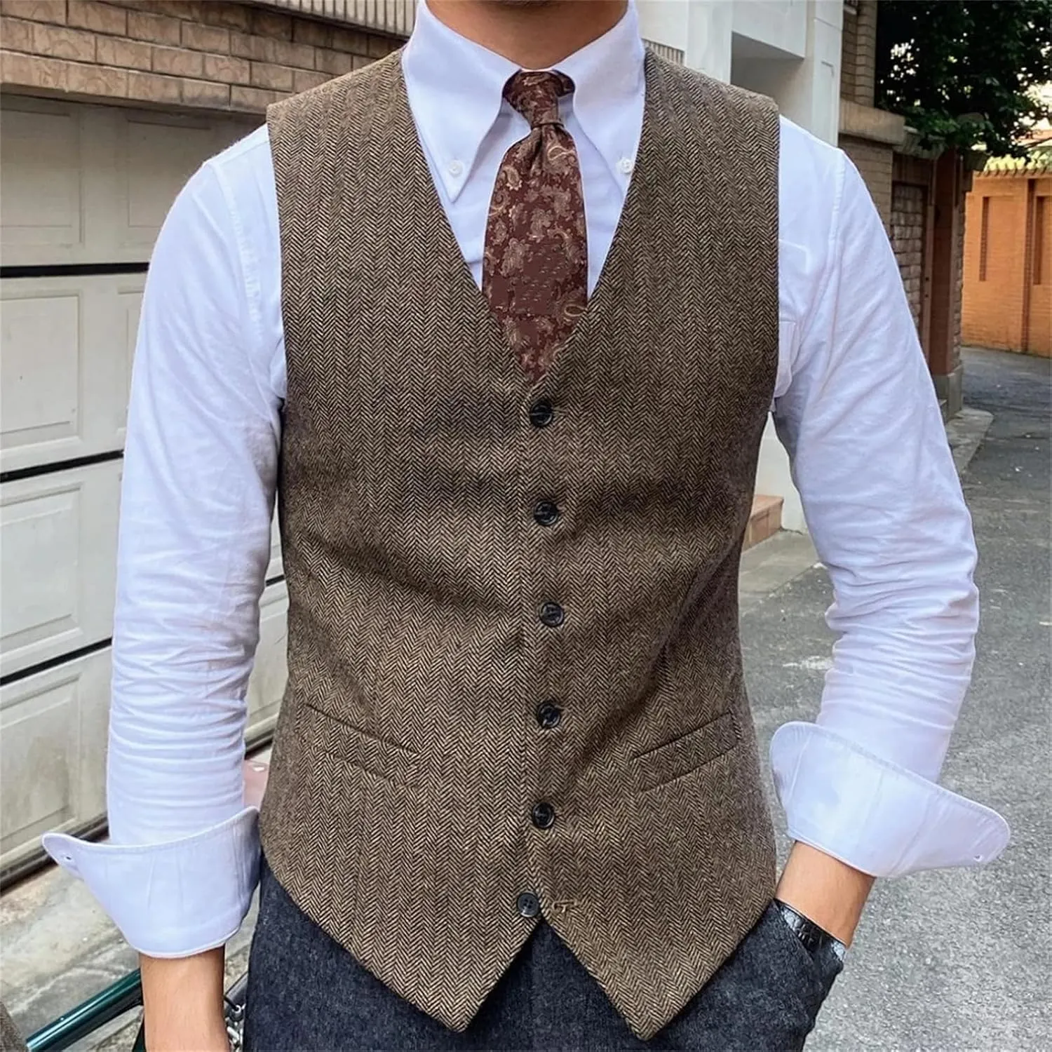 Men's Brown Herringbone Tweed Suit Vest Single Breasted Slim Fit Business Casual Wedding Waistcoat