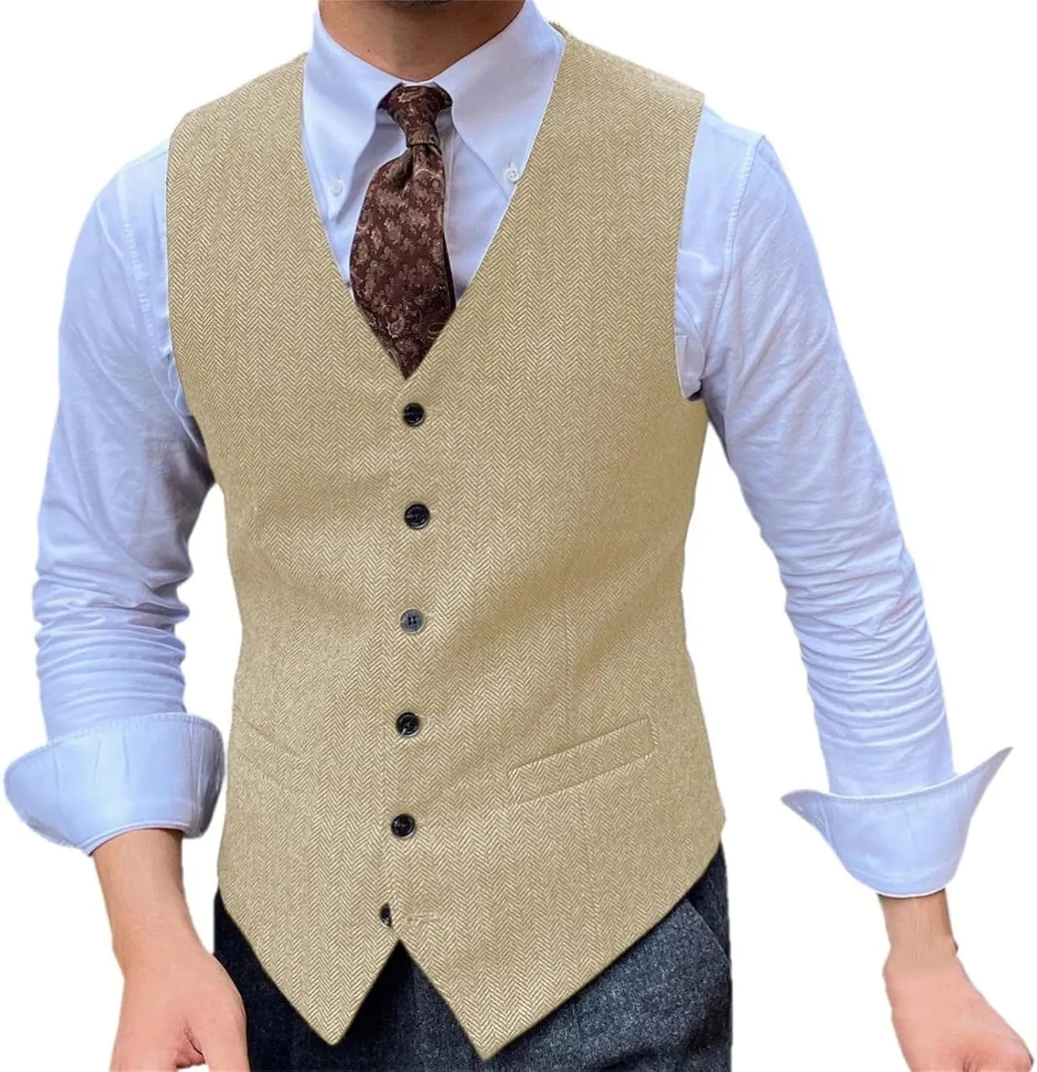 Men's Brown Herringbone Tweed Suit Vest Single Breasted Slim Fit Business Casual Wedding Waistcoat
