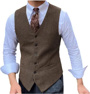 Men's Brown Herringbone Tweed Suit Vest Single Breasted Slim Fit Business Casual Wedding Waistcoat