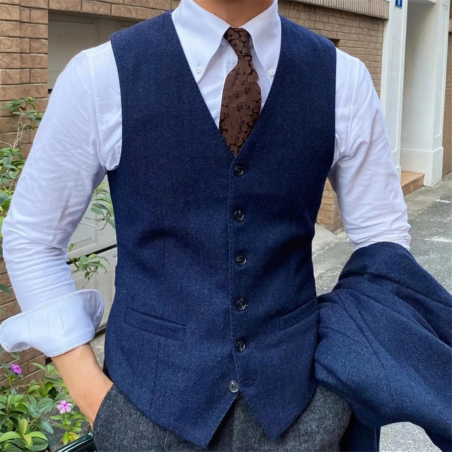 Men's Brown Herringbone Tweed Suit Vest Single Breasted Slim Fit Business Casual Wedding Waistcoat