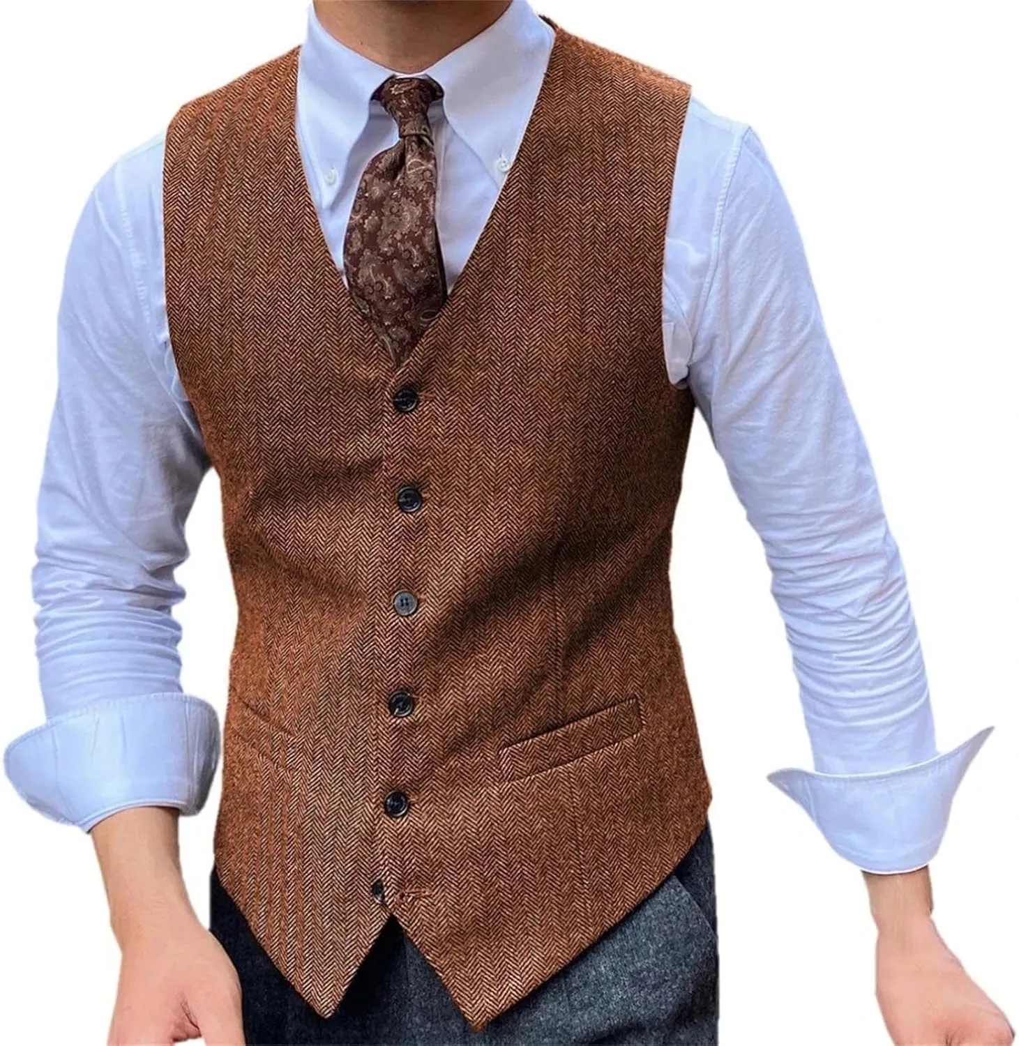 Men's Brown Herringbone Tweed Suit Vest Single Breasted Slim Fit Business Casual Wedding Waistcoat