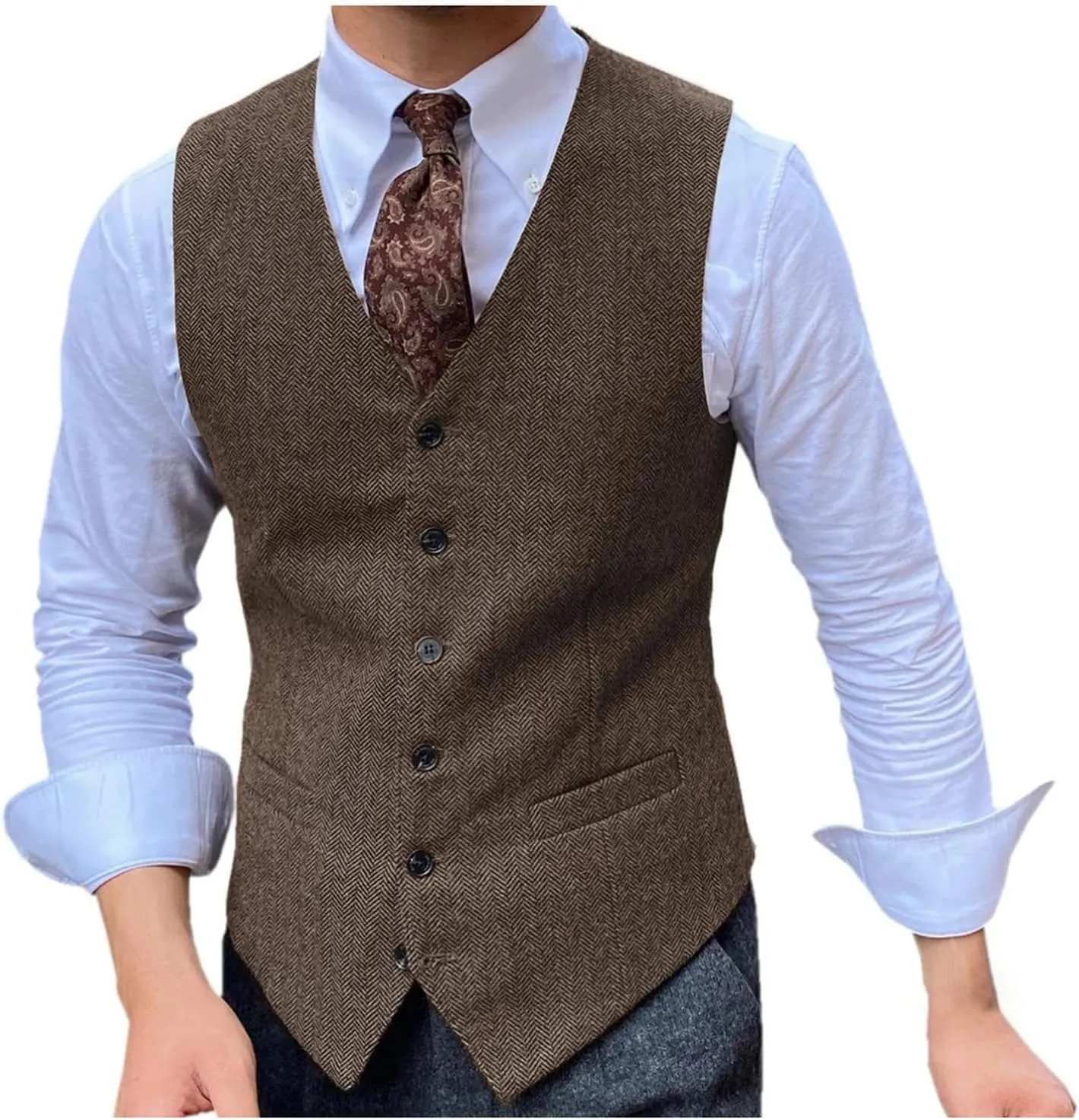 Men's Brown Herringbone Tweed Suit Vest Single Breasted Slim Fit Business Casual Wedding Waistcoat