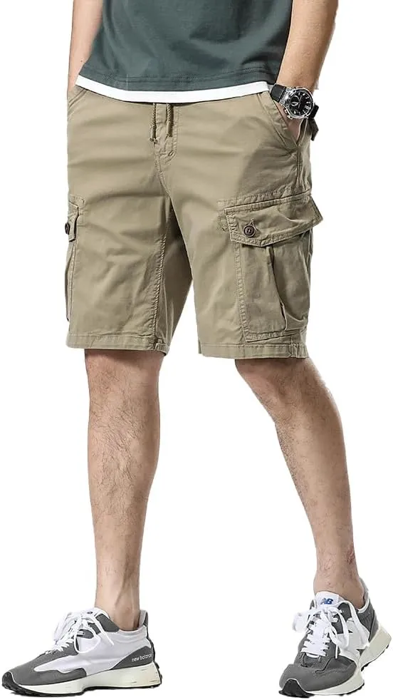 Men's Button Pockets Cargo Shorts Summer Drawstring Cotton Work Shorts