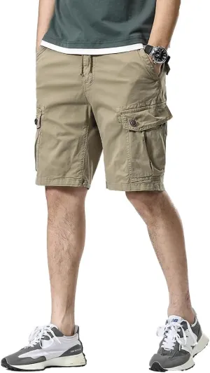 Men's Button Pockets Cargo Shorts Summer Drawstring Cotton Work Shorts