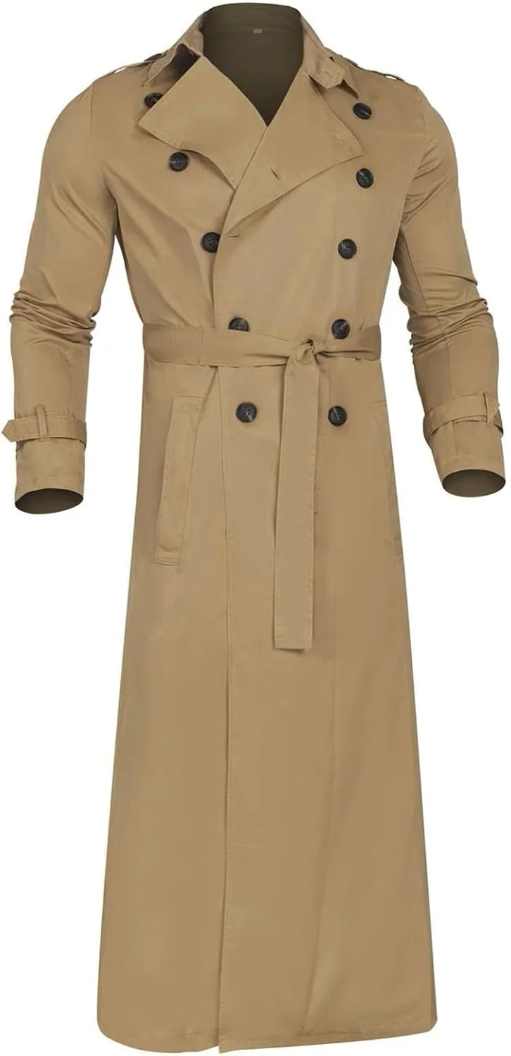 Men's Double Breasted Lace-Up Nylon Trench Coats Fashion Formal Peacoat Jackets Long Lapel Casual Outfits with Pockets