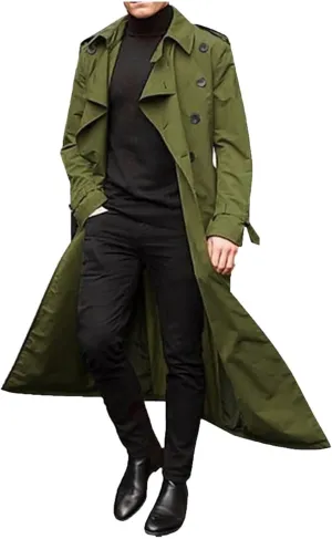 Men's Double Breasted Lace-Up Nylon Trench Coats Fashion Formal Peacoat Jackets Long Lapel Casual Outfits with Pockets