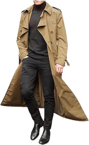 Men's Double Breasted Lace-Up Nylon Trench Coats Fashion Formal Peacoat Jackets Long Lapel Casual Outfits with Pockets