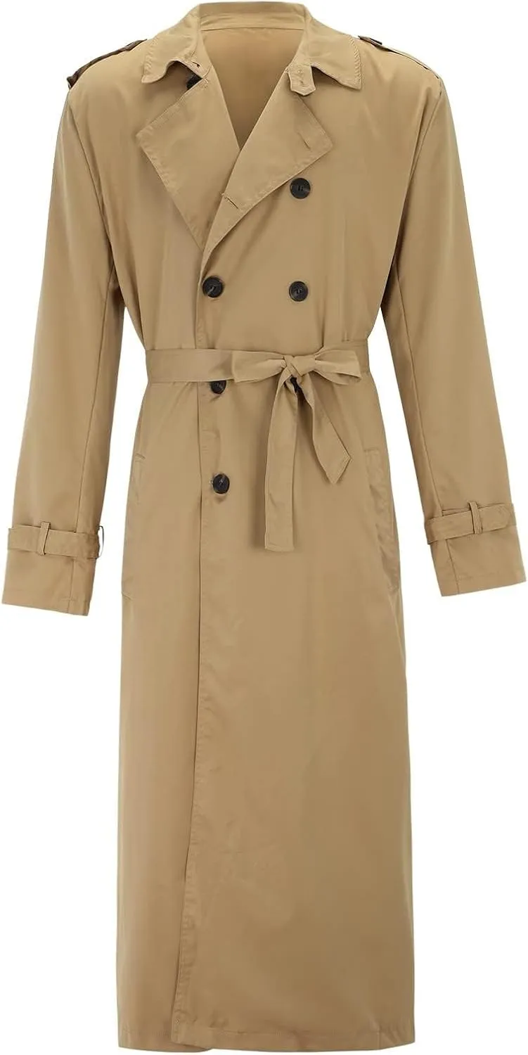 Men's Double Breasted Lace-Up Nylon Trench Coats Fashion Formal Peacoat Jackets Long Lapel Casual Outfits with Pockets