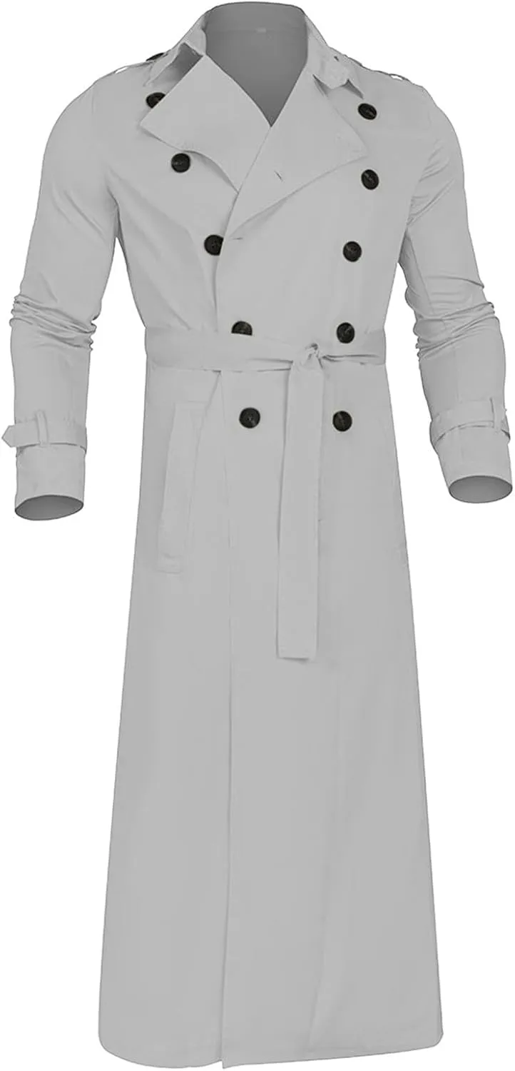 Men's Double Breasted Lace-Up Nylon Trench Coats Fashion Formal Peacoat Jackets Long Lapel Casual Outfits with Pockets