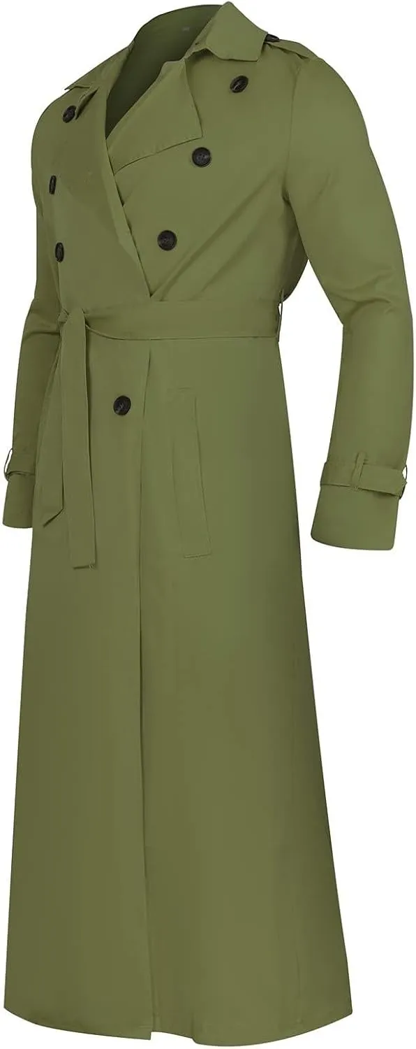 Men's Double Breasted Lace-Up Nylon Trench Coats Fashion Formal Peacoat Jackets Long Lapel Casual Outfits with Pockets