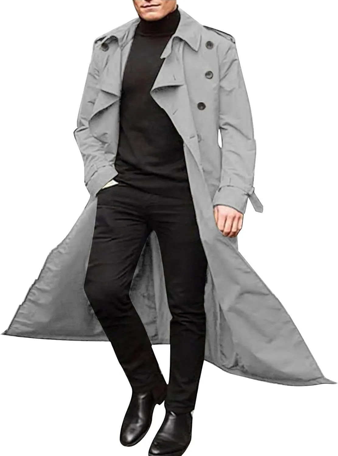 Men's Double Breasted Lace-Up Nylon Trench Coats Fashion Formal Peacoat Jackets Long Lapel Casual Outfits with Pockets
