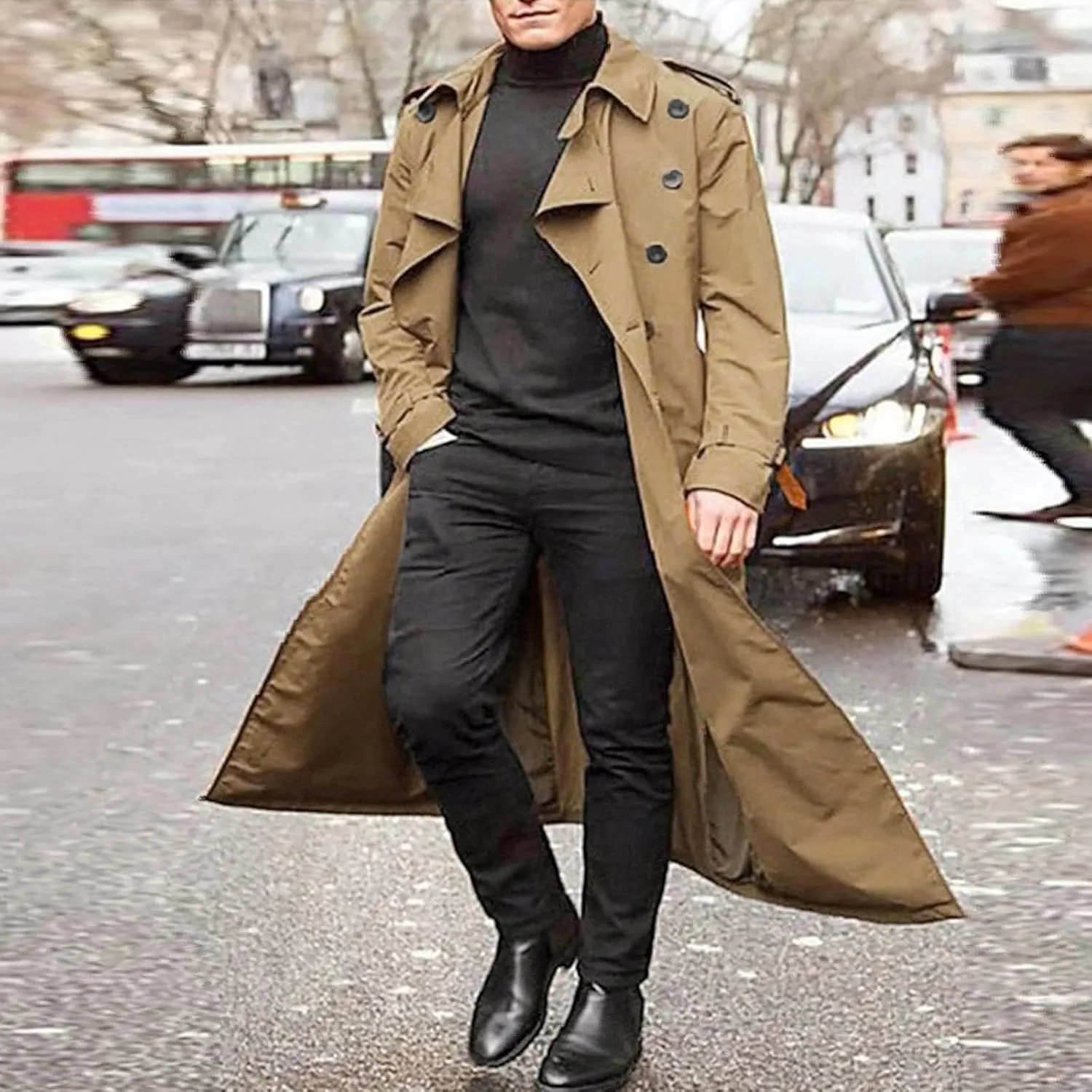 Men's Double Breasted Lace-Up Nylon Trench Coats Fashion Formal Peacoat Jackets Long Lapel Casual Outfits with Pockets
