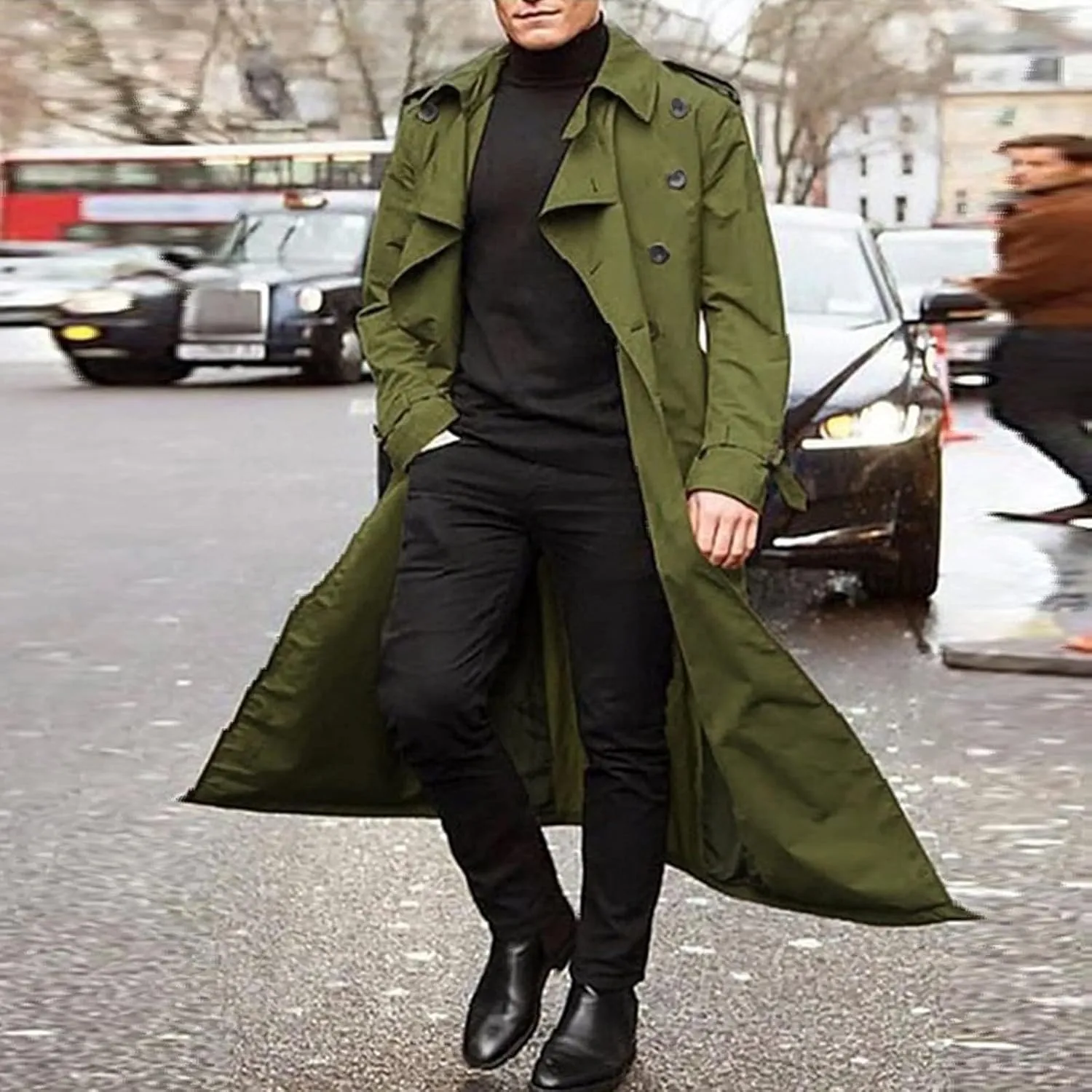 Men's Double Breasted Lace-Up Nylon Trench Coats Fashion Formal Peacoat Jackets Long Lapel Casual Outfits with Pockets