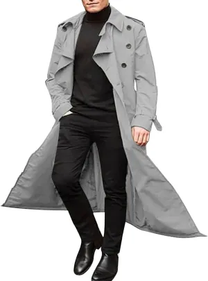 Men's Double Breasted Lace-Up Nylon Trench Coats Fashion Formal Peacoat Jackets Long Lapel Casual Outfits with Pockets