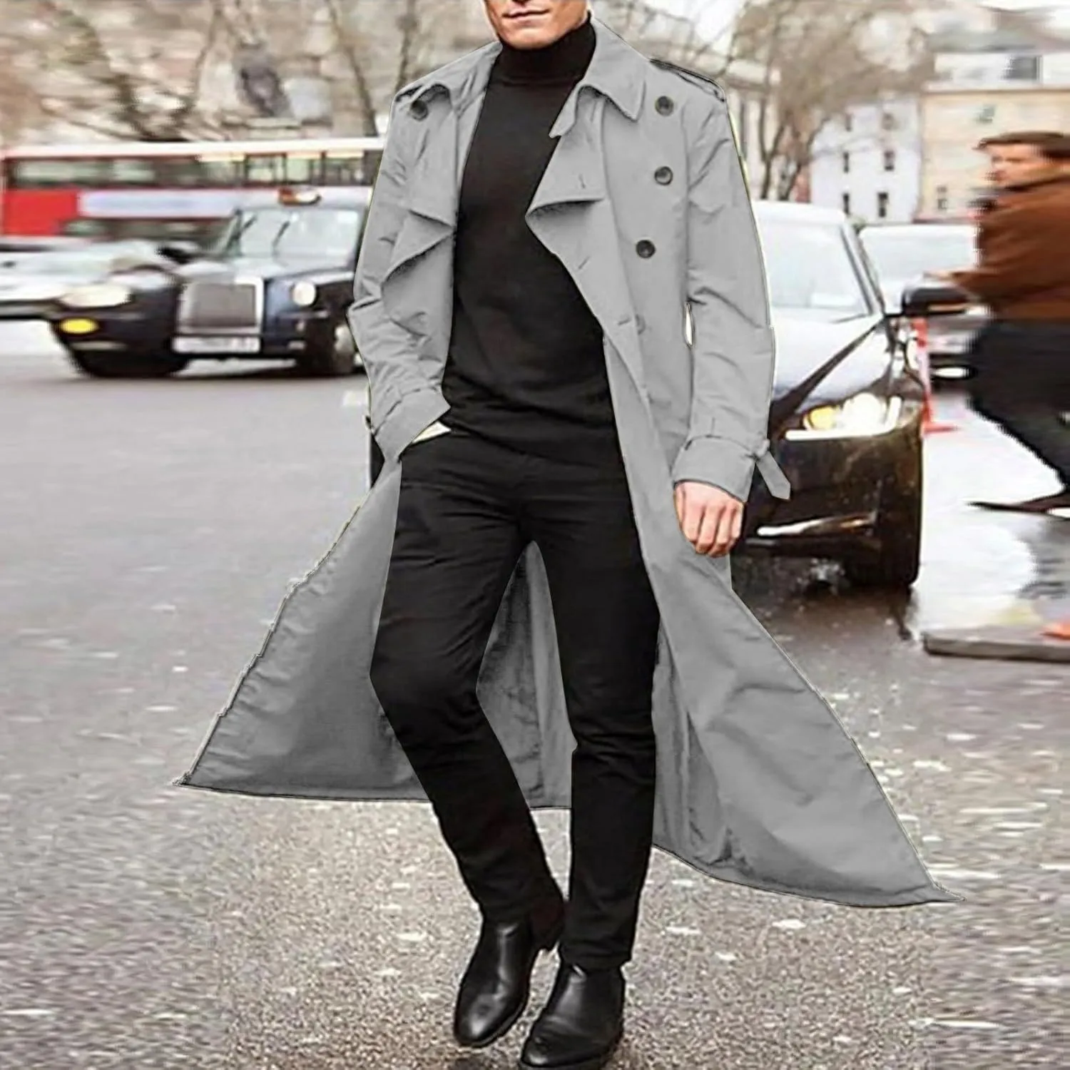 Men's Double Breasted Lace-Up Nylon Trench Coats Fashion Formal Peacoat Jackets Long Lapel Casual Outfits with Pockets