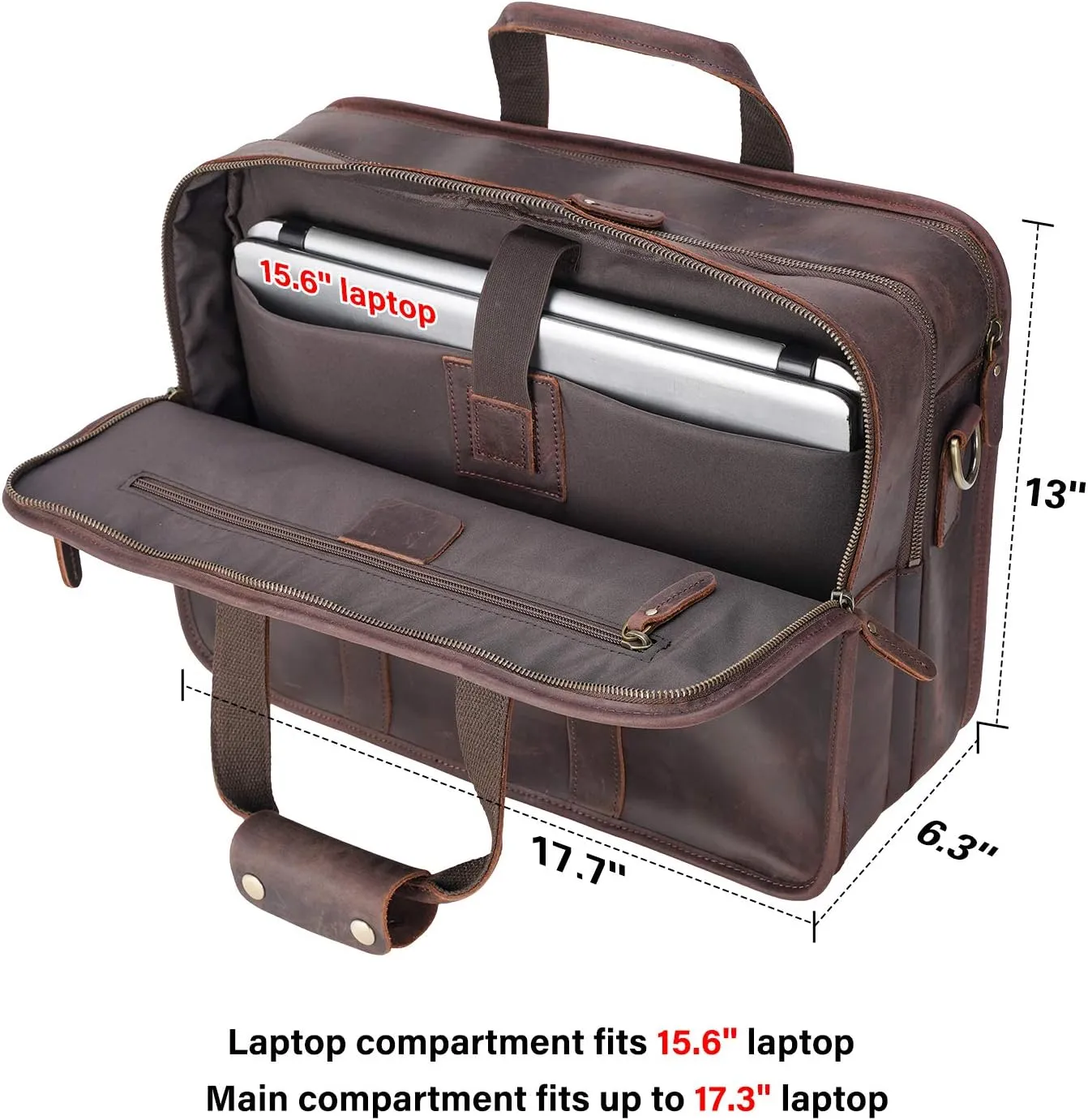 Men's Full Grain Leather Briefcase Large 17 Inch Business Travel Laptop Messenger Bag Tote with YKK Metal Zippers