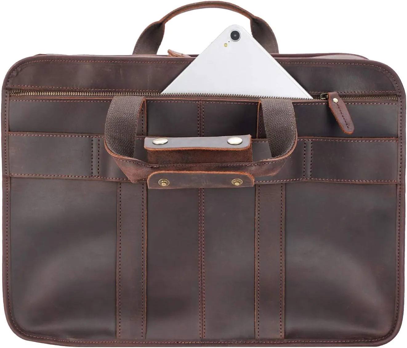 Men's Full Grain Leather Briefcase Large 17 Inch Business Travel Laptop Messenger Bag Tote with YKK Metal Zippers
