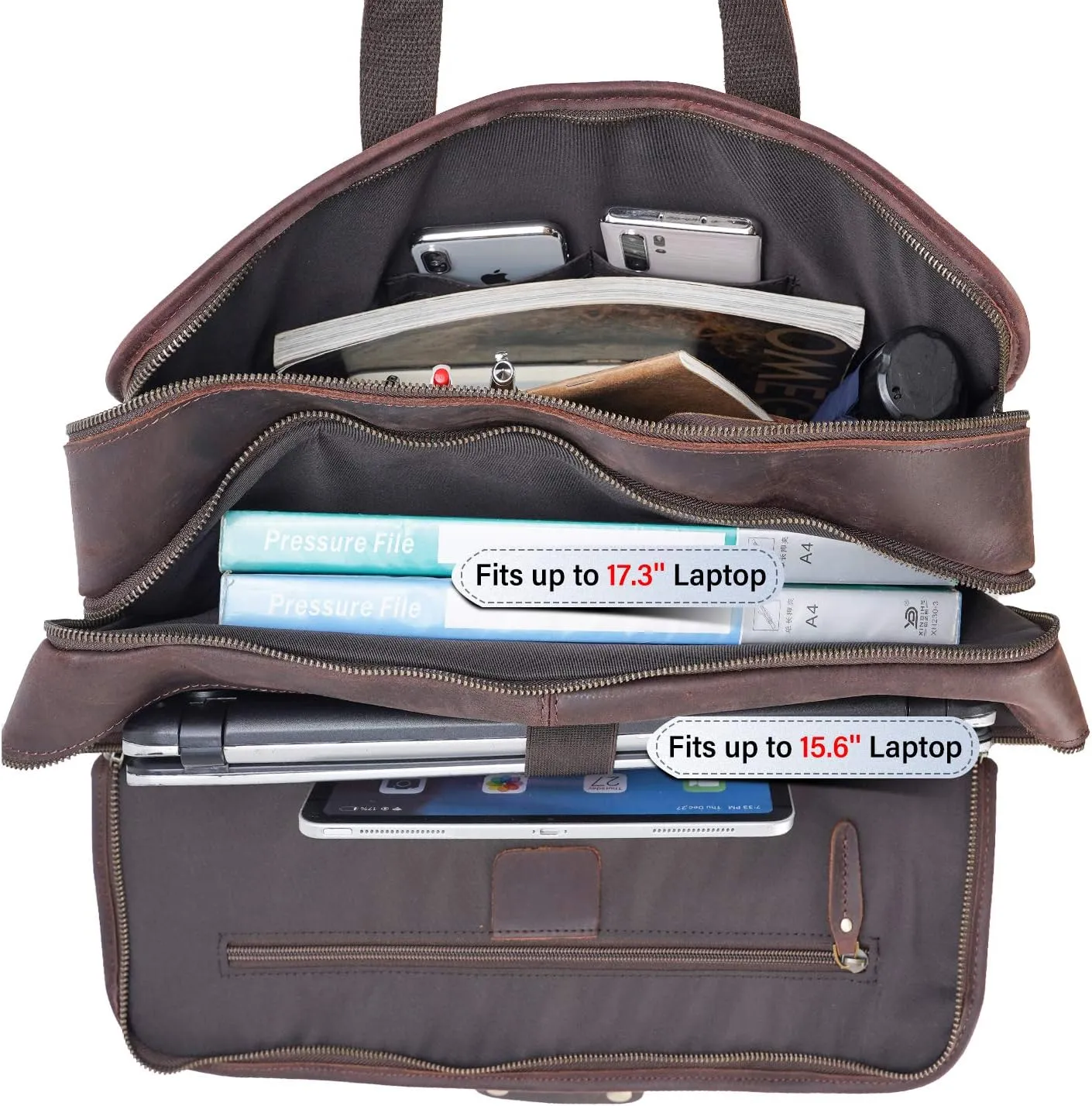Men's Full Grain Leather Briefcase Large 17 Inch Business Travel Laptop Messenger Bag Tote with YKK Metal Zippers