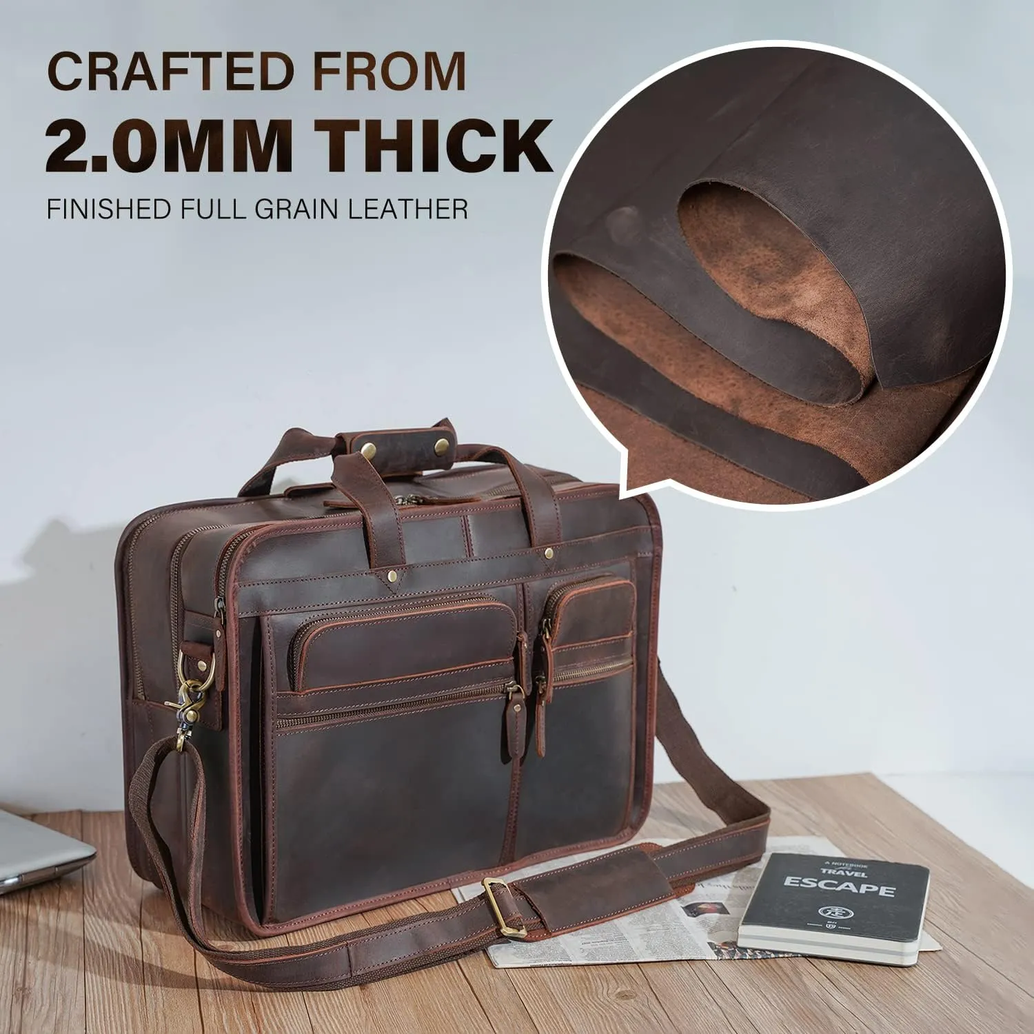 Men's Full Grain Leather Briefcase Large 17 Inch Business Travel Laptop Messenger Bag Tote with YKK Metal Zippers