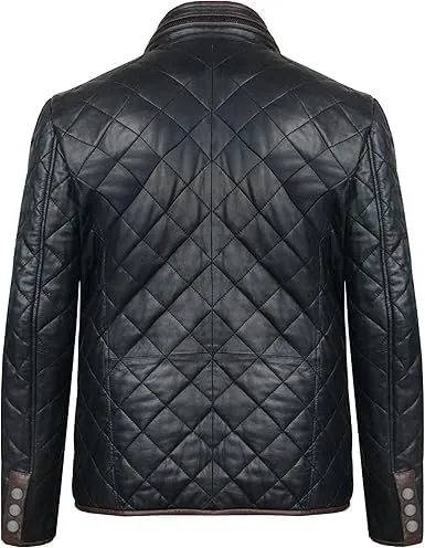 Men’s Genuine Black Lambskin Diamond Quilted Leather Coat – Front Snap and Hidden Zip Closure,