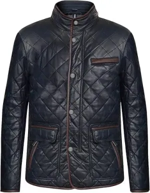 Men’s Genuine Black Lambskin Diamond Quilted Leather Coat – Front Snap and Hidden Zip Closure,