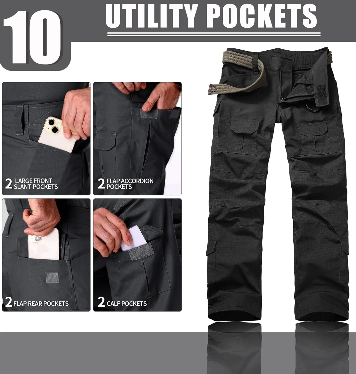 Men's Hiking Pants Water Resistant Tactical Pants Breathable Ripstop Work Cargo Pants with 10 Pockets