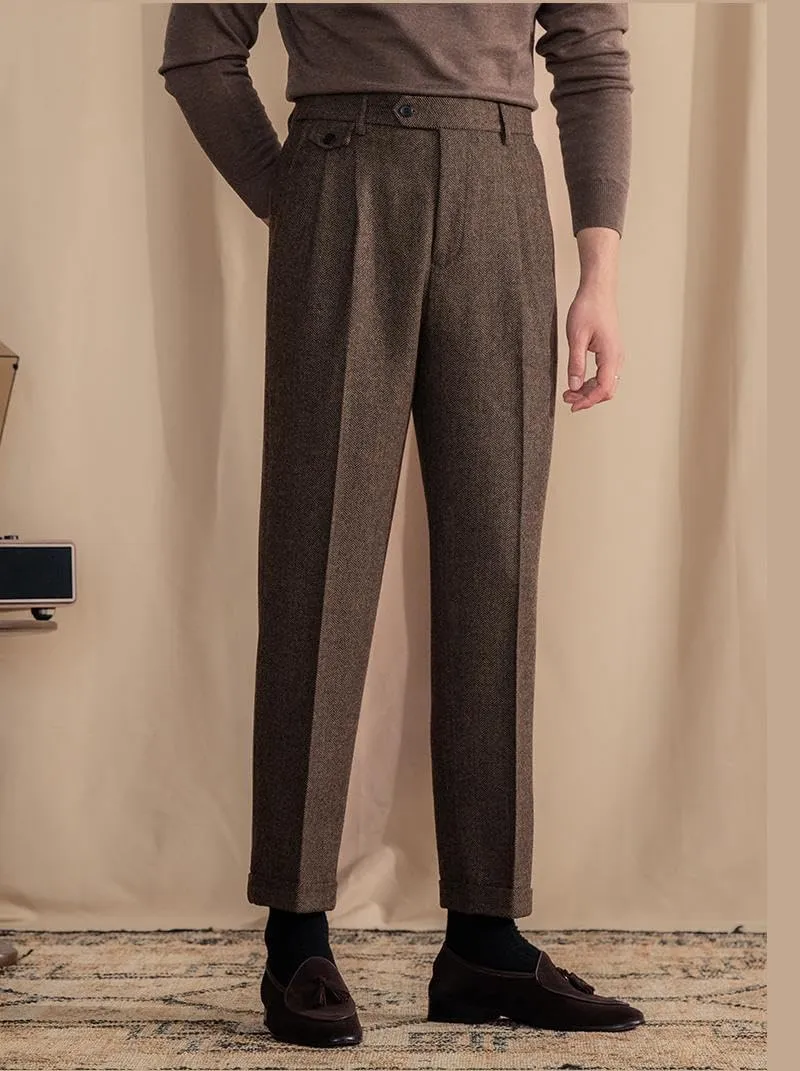 Mens Pants Tweed Herringbone Vintage Dress Pant Trousers Regular Fit Suit Pants for Men