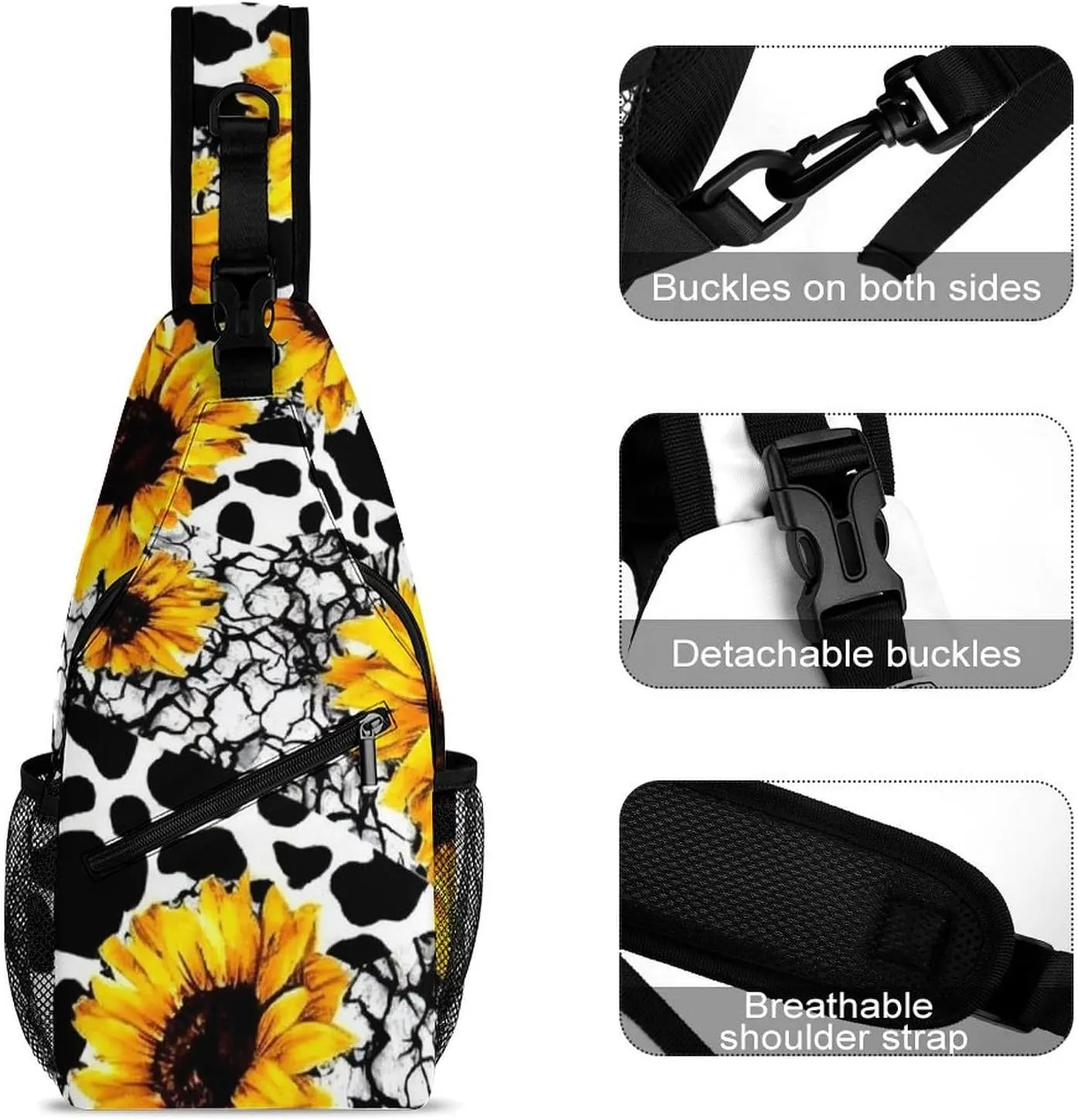 Men's Sling Backpack Packable Compact Crossbody Rucksack - 80S Vintage Sunflower Cow Print Multipurpose Anti-Theft Rucksack Camera Case With Adjustable Shoulder Strap