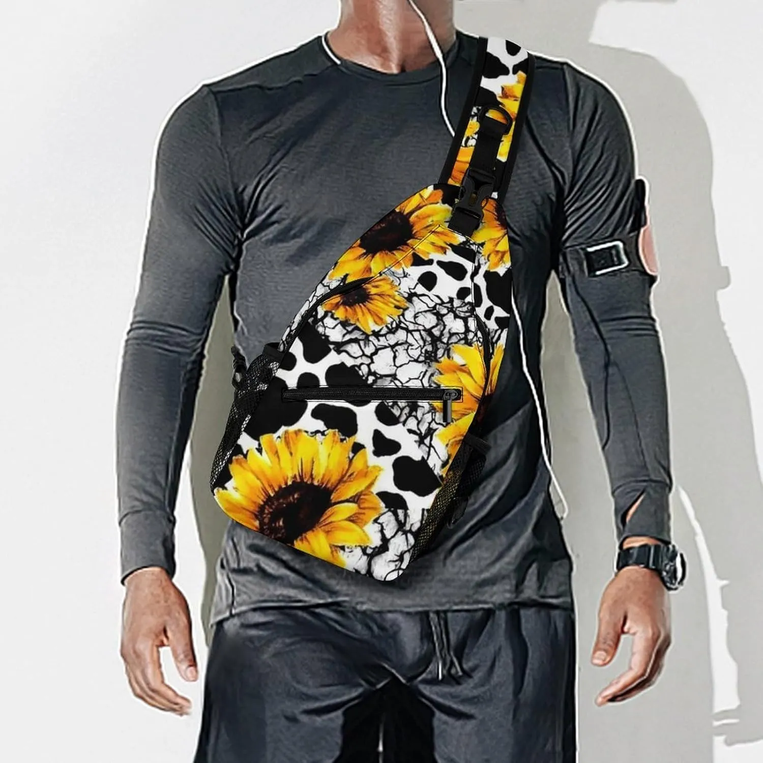 Men's Sling Backpack Packable Compact Crossbody Rucksack - 80S Vintage Sunflower Cow Print Multipurpose Anti-Theft Rucksack Camera Case With Adjustable Shoulder Strap