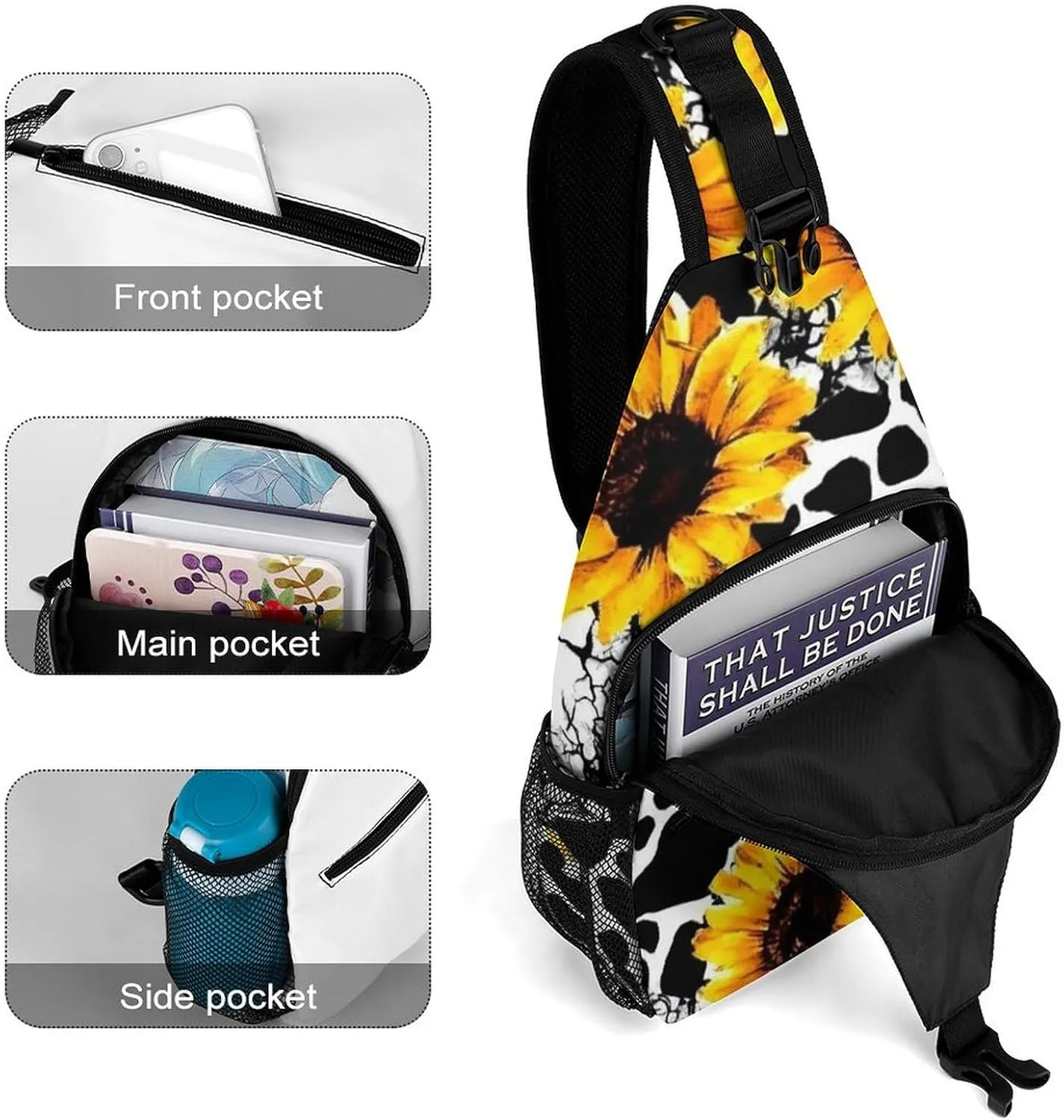 Men's Sling Backpack Packable Compact Crossbody Rucksack - 80S Vintage Sunflower Cow Print Multipurpose Anti-Theft Rucksack Camera Case With Adjustable Shoulder Strap