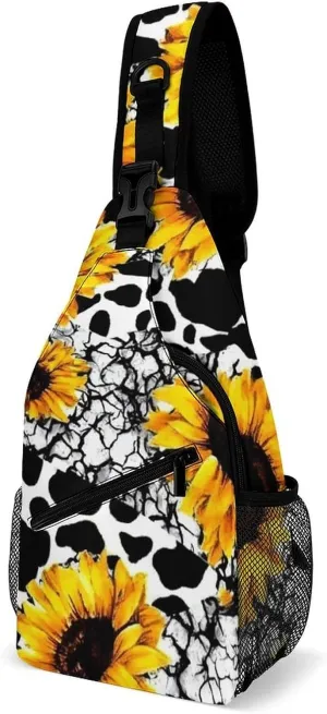 Men's Sling Backpack Packable Compact Crossbody Rucksack - 80S Vintage Sunflower Cow Print Multipurpose Anti-Theft Rucksack Camera Case With Adjustable Shoulder Strap